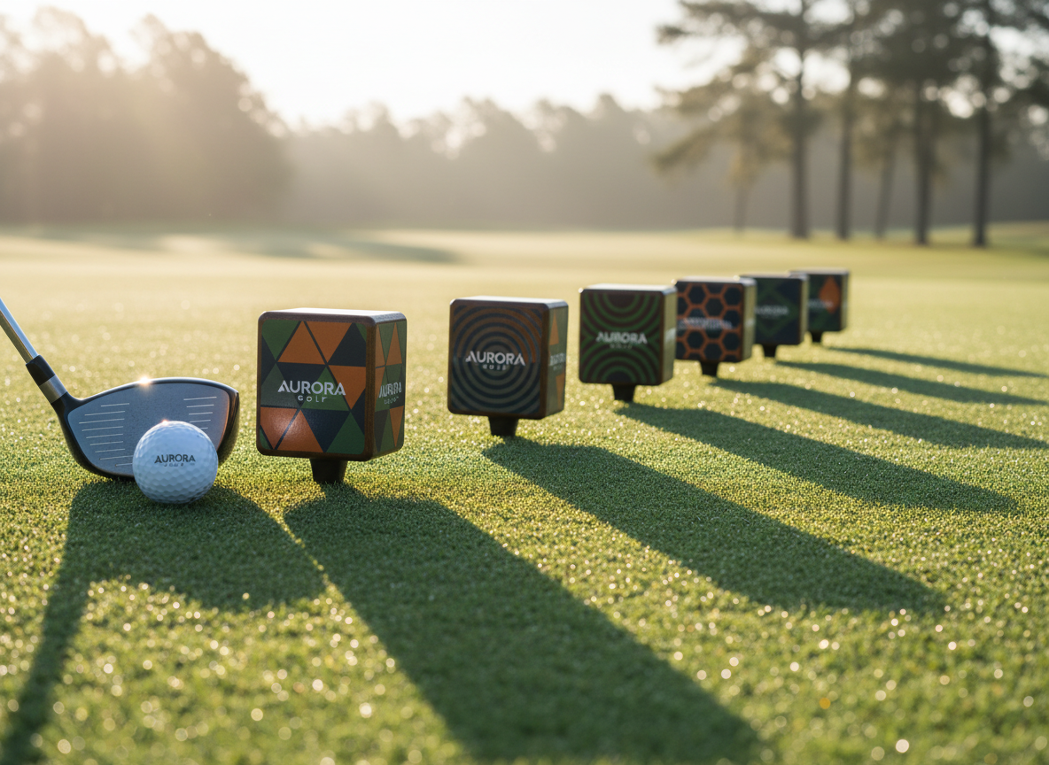 A set of custom printed tee markers arranged neatly on a first tee box, each marker featuring a different bold geometric design and rich company colors. The markers sit on immaculate, dew-kissed grass with a driver head and a single golf ball resting nearby, hinting at imminent play. Early morning light filters through, creating tiny glints on the moisture and sharp, directional shadows that give depth. Photographed from a low, side angle with the markers aligned into the distance, the image has a clean, modern, photographic look that highlights precision printing and cohesive golf course branding.