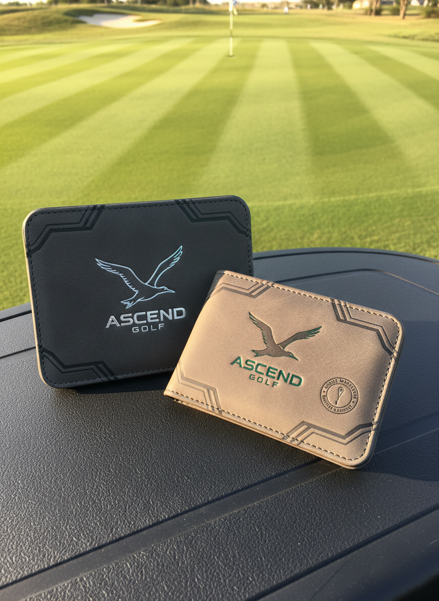 A close-up, overhead view of a custom-printed scorecard holder and matching yardage book cover resting on the textured hood of a sleek golf cart. Both accessories feature consistent branding elements, with subtle embossing and precise printed graphics. Beyond the cart, the background falls into a soft blur of fairway stripes and a distant green. Late afternoon sunlight casts a warm, directional light, creating defined shadows along the edges of the accessories and revealing the grain of the synthetic leather. The photographic composition is minimal and balanced, conveying a modern, professional approach to detailed golf print collateral.