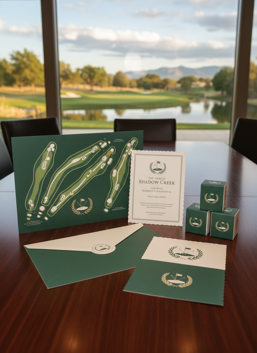 A polished conference-style tabletop laid out with a complete brand kit for a golf club: a printed course map, matching envelope, heavy-stock invitation card, and a set of custom ball sleeves, all sharing the same color palette and iconography. The table is set near a glass wall overlooking the 18th green and a reflecting water hazard. Soft indoor lighting combines with gentle natural light from outside, illuminating the subtle paper textures and precise color matching. Shot from a high three-quarter angle with sharp focus throughout, the photographic scene feels organized, premium, and tailored to professional golf branding presentations.