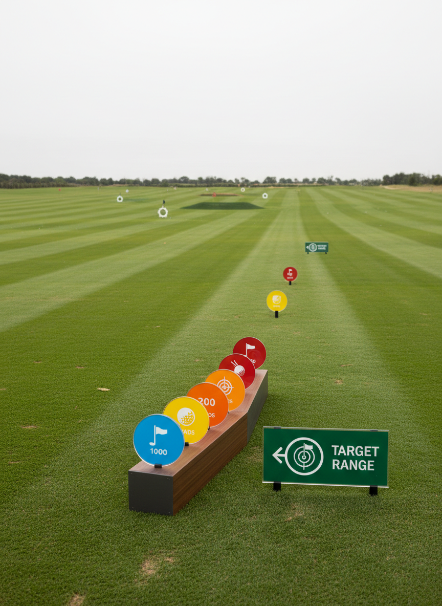 A dramatic side view of a driving range bay where a small stand displays custom-printed range markers and distance boards, each with distinct colors and clear icon-based designs instead of text. The markers lead the eye down a long, impeccably mowed range with targets scattered in the distance. Overcast daylight creates soft, even lighting that minimizes harsh shadows while keeping all print details legible. Captured with a wide-angle lens at ground level, the composition emphasizes depth and alignment, presenting a realistic, professional depiction of cohesive golf facility signage and branded range elements.