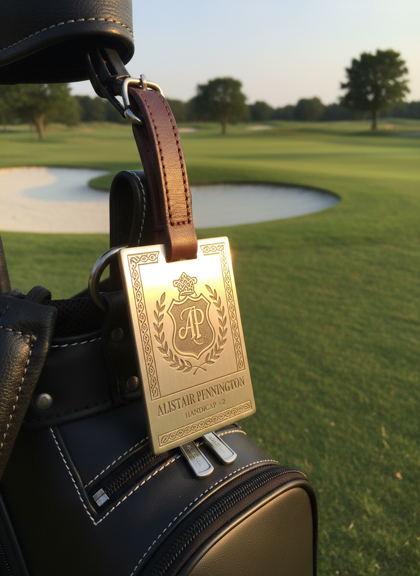 A close-up of an elegant brushed-metal golf bag tag hanging from a premium leather golf bag, the tag featuring intricate custom graphics and clean, sharp printed edges. The bag rests on the edge of a pristine tee box overlooking a lush fairway and sand bunker in the distance. Warm golden hour sunlight grazes the metal surface, creating a soft glow and defined highlights that emphasize the craftsmanship. Captured from a slightly low angle with the fairway gently blurred in the background, the mood is refined and aspirational, with a realistic photographic style that underscores professional golf branding and personalization.
