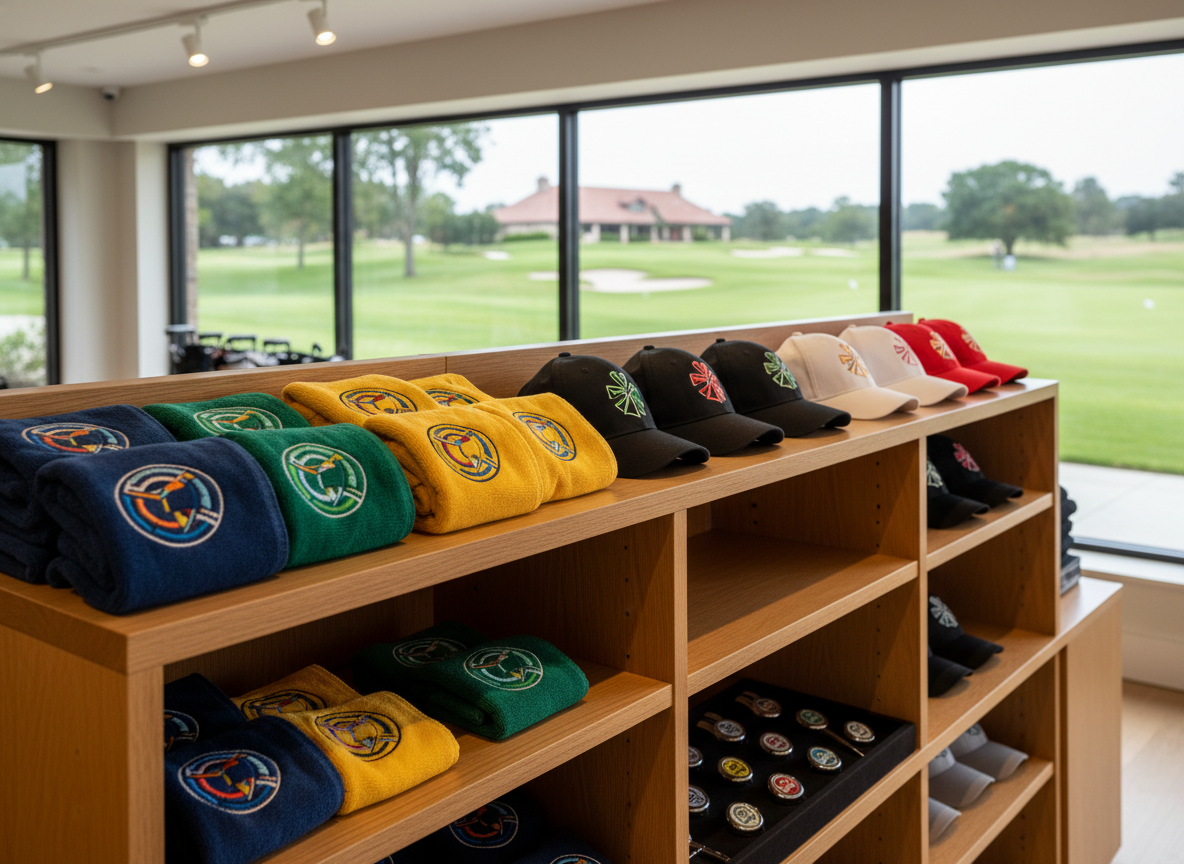A neatly organized pro shop shelf featuring rows of custom-branded golf towels, caps, and divot tools, each item showcasing sharp, vibrant printed logos without any readable text. The shelf is made of light oak, contrasting with the rich colors of the merchandise. In the background, large windows reveal a rolling green course and a distant clubhouse, softly out of focus. Neutral overhead lighting combines with natural daylight to keep colors accurate and vivid. Shot from a slightly elevated three-quarter angle with medium depth of field, the composition feels orderly and professional, emphasizing the range of coordinated golf branding solutions.